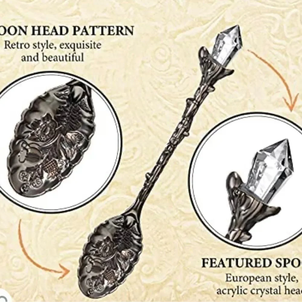 4 black tone Retro Coffee Spoons Crystal Alloy Spoons Vintage Carved Co…